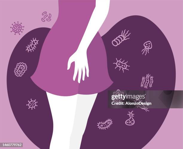 vaginal infection. woman with genital itching caused by the fungus. vaginal yeast infection symptoms. - gynaecological examination stock illustrations