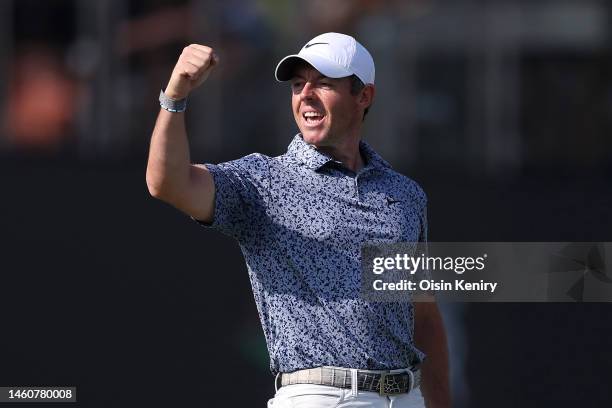 Rory McIlroy of Northern Ireland celebrates victory in the Final Round on Day Five of the Hero Dubai Desert Classic at Emirates Golf Club on January...