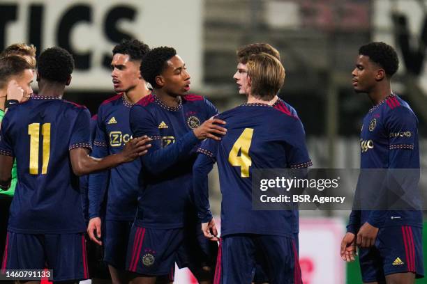 Silvano Vos of Ajax U21 stops Donny Warmerdam of Ajax U21 from arguing with referee during the Dutch Keukenkampioendivisie match between Helmond...