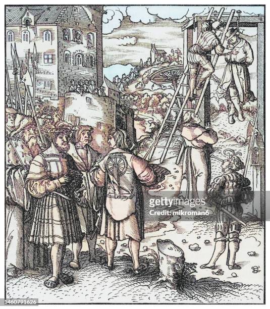 old engraved illustration of execution site with torture wheel and gallows (around 1500) - pilori photos et images de collection
