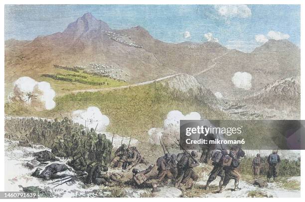 old engraved illustration of turkish attack on russian positions at shipka pass (battle of shipka pass, battle of shipka, 1877) - russo-turkish war (1877–1878) - shipka stock pictures, royalty-free photos & images