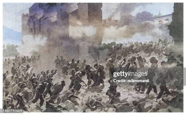 old engraved illustration of kingdom of italy troops breaching the aurelian walls at porta pia during the capture of rome (1870) - old rome fotografías e imágenes de stock