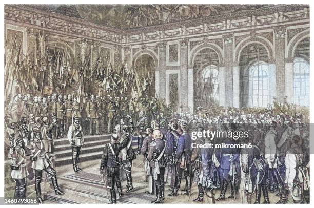 old engraved illustration of the proclamation of the german empire at versailles, 18 january 1871 - proclamation stock pictures, royalty-free photos & images