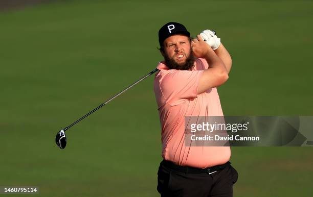 Andrew Johnston of England plays his second shot on the 10th hole during the final round on Day Five of the Hero Dubai Desert Classic on The Majlis...