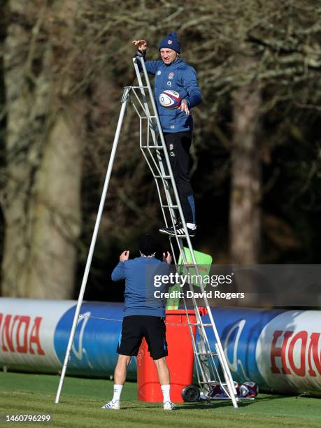 Steve Borthwick, the England head coach, fields the ball during lineout practice during the England training session held at Pennyhill Park on...