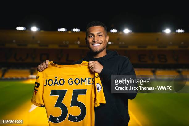 Wolverhampton Wanderers unveil new signing Joao Gomes at Molineux on January 30, 2023 in Wolverhampton, England.