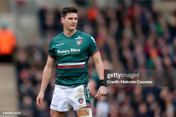 Freddie Burns of Leicester Tigers looks on during the Gallagher Premiership Rugby match between Leicester Tigers and Northampton Saints at Mattioli...