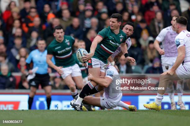 Freddie Burns of Leicester Tigers passes the ball during the Gallagher Premiership Rugby match between Leicester Tigers and Northampton Saints at...