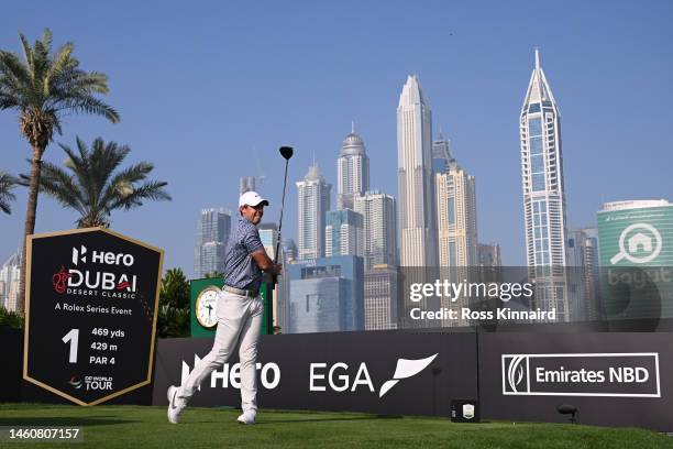 Rory McIlroy of Northern Ireland tees off on the 1st hole during the Final Round on Day Five of the Hero Dubai Desert Classic at Emirates Golf Club...