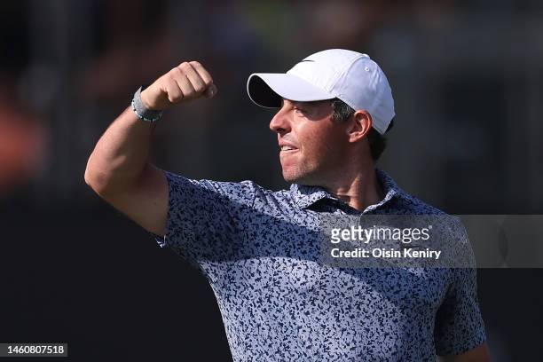 Rory McIlroy of Northern Ireland celebrates victory in the Final Round on Day Five of the Hero Dubai Desert Classic at Emirates Golf Club on January...