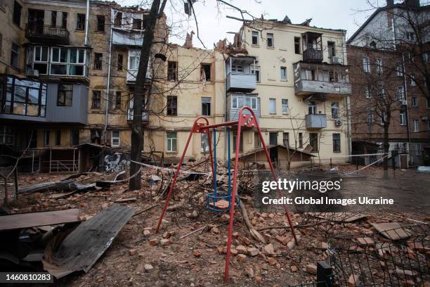 Rubble lies on the playground in the courtyard on January 30, 2023 in Kharkiv, Ukraine. According to preliminary information, the attack was carried...