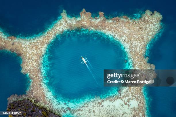 aerial view of bangka boat sailing over coral reef in palawan, philippines - lagon photos et images de collection