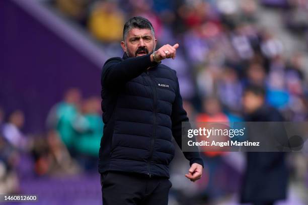 Head coach Gennaro Gattuso of Valencia CF gestures during the LaLiga Santander match between Real Valladolid CF and Valencia CF at Estadio Municipal...