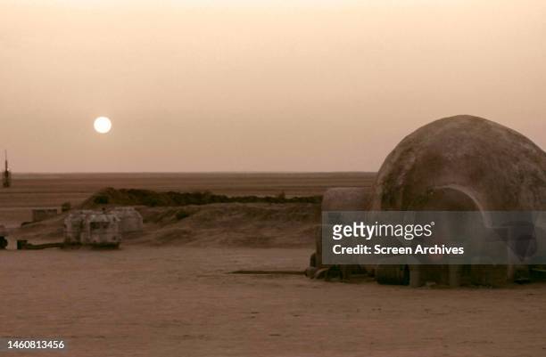 The house of Owen Lars on the Tatooine set during the filming of Star Wars: Episode IV - A New Hope', 1977.