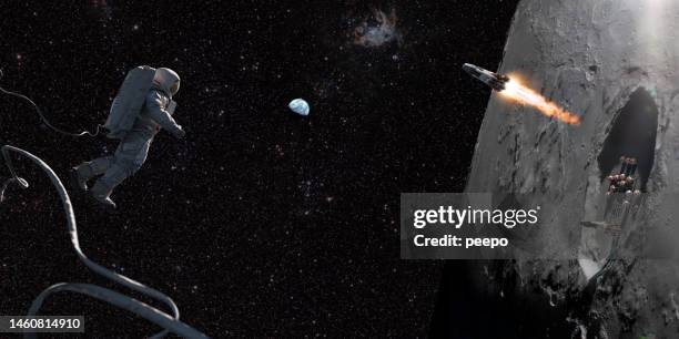 astronaut on space walk looking at base on moon - space helmet stock pictures, royalty-free photos & images