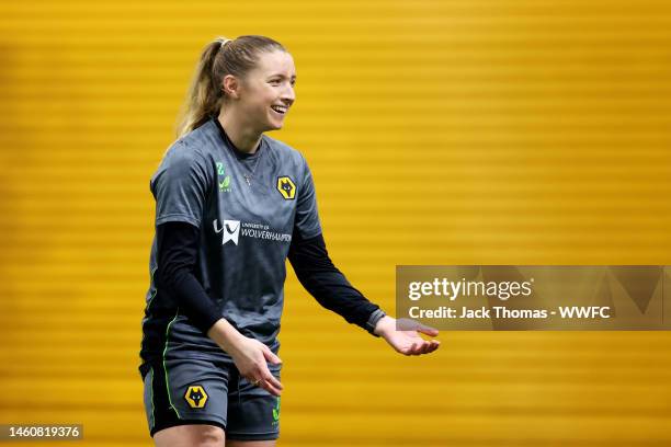 Laura Cooper of Wolverhampton Wanderers reacts during a Wolverhampton Wanderers Women Training Session at The Sir Jack Hayward Training Ground on...