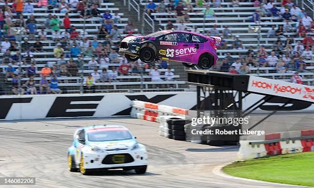 Marcus Gronholm, driver of the Best Buy Mobile/OMSE 2012 Ford Fiesta, and David Binks, driver of the Best Buy Serve/OMSE 2012 Ford Fiesta, race...