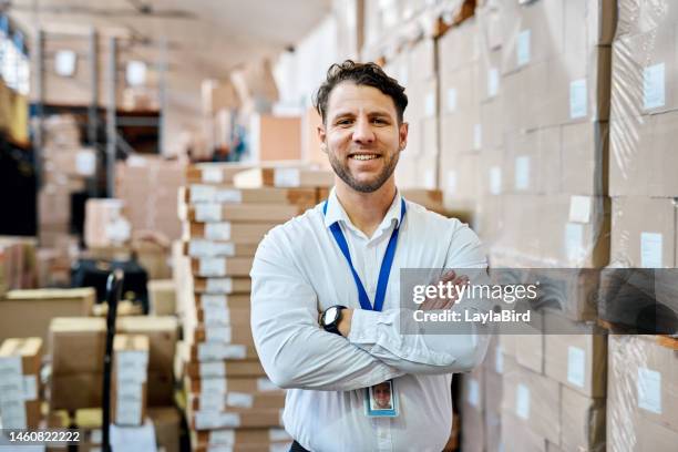 warehouse, stock management and logistics man portrait of a retail shipping analyst working. factory distribution maintenance, industry worker and success of a businessman happy about company growth - building manager stock pictures, royalty-free photos & images