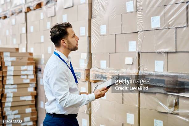 boxes, logistics and man on tablet for warehouse, storage or package management in supply chain industry. person on digital technology, e commerce and distribution stock check for his online business - check box bildbanksfoton och bilder