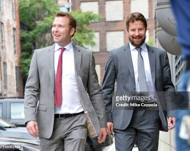 New Jersey Devils goaltendesr Martin Brodeur and Johan Hedberg arrive at the Los Angeles Kings vs the New Jersey Devils game five during the 2012...