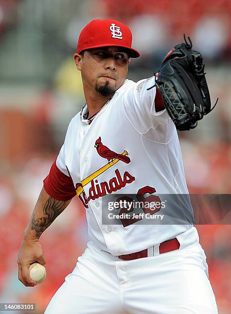 Kyle Lohse of the St. Louis Cardinals throws to a Cleveland Indians batter at Busch Stadium on June 9, 2012 in St. Louis, Missouri.