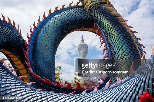 The Buddha image is seen through a naga in Mukdahan province, Thailand.