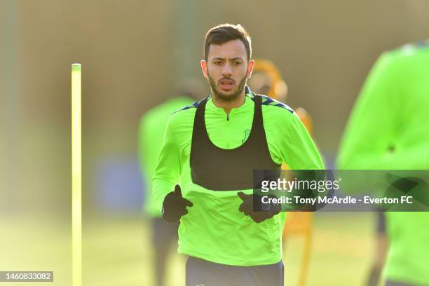 Dwight McNeil during the Everton training session at Finch Farm on January 30, 2023 in Halewood, England.