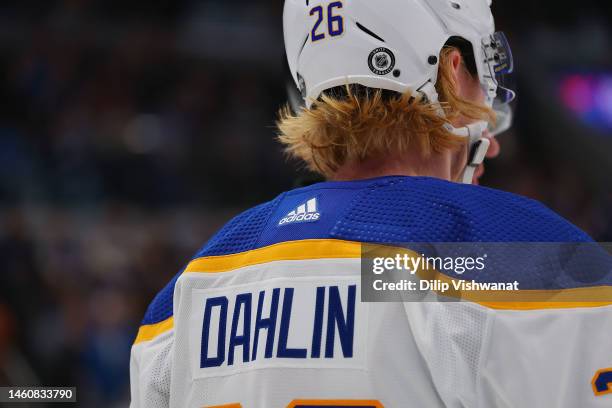 Detail of Adidas logo on jersey worn by Rasmus Dahlin of the Buffalo Sabres against the St. Louis Blues at Enterprise Center on January 24, 2023 in...