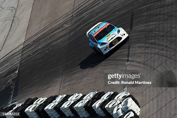 Marcus Gronholm, driver of the Best Buy Mobile/OMSE 2012 Ford Fiesta, races during the Hoon KaboomTX Global Rallycross Championship at Texas Motor...