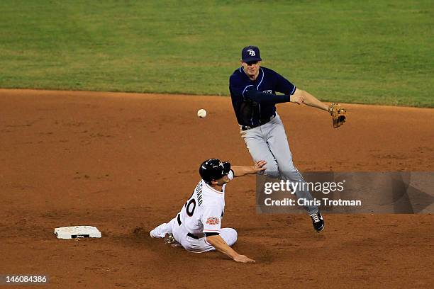 Elliot Johnson of the Tampa Bay Rays throws Justin Ruggiano of the Miami Marlins out at second base in the third inning at Marlins Park on June 9,...