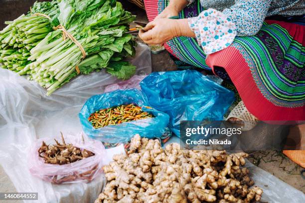 mujer vendiendo jengibre fresco y otras verduras en el mercado - minoría miao fotografías e imágenes de stock