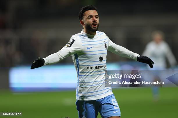 Alboin Vrenezi of München celebrates scoring the opening goal during the 3. Liga match between TSV 1860 München and Dynamo Dresden at Stadion an der...