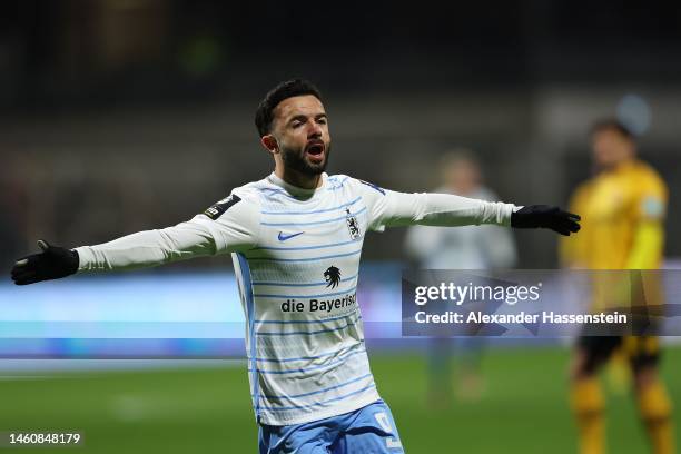 Alboin Vrenezi of München celebrates scoring the opening goal during the 3. Liga match between TSV 1860 München and Dynamo Dresden at Stadion an der...