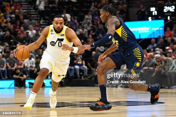 Talen Horton-Tucker of the Utah Jazz in action during the first half of a game against the Indiana Pacers at Vivint Arena on December 02, 2022 in...