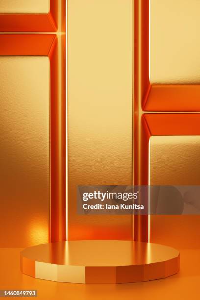 platform for displaying products against background of gold and bronze ingots. 3d vertical pattern. - catwalk background stock pictures, royalty-free photos & images