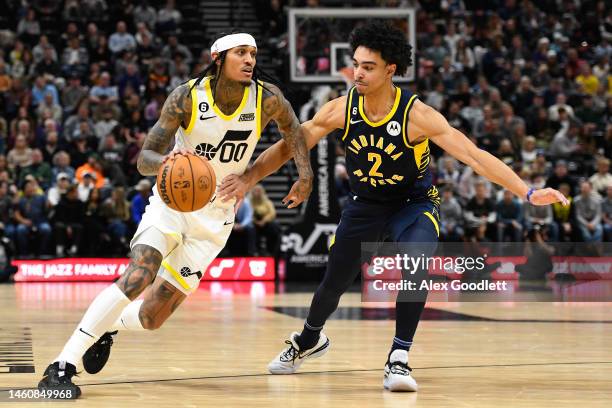 Jordan Clarkson of the Utah Jazz in action during the first half of a game against the Indiana Pacers at Vivint Arena on December 02, 2022 in Salt...