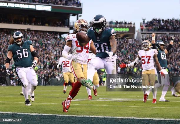 Miles Sanders of the Philadelphia Eagles scores a 13 yard touchdown against the San Francisco 49ers during the second quarter in the NFC Championship...