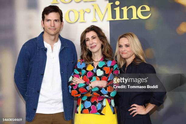 Ashton Kutcher, Aline Brosh McKenna and Reese Witherspoon attend the photocall for Netflix's "Your Place Or Mine" at Four Seasons Hotel Los Angeles...