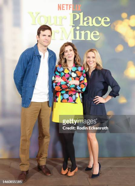 Ashton Kutcher, Aline Brosh McKenna, and Reese Witherspoon attend photocall for Netflix's "Your Place or Mine" at Four Seasons Hotel Los Angeles at...