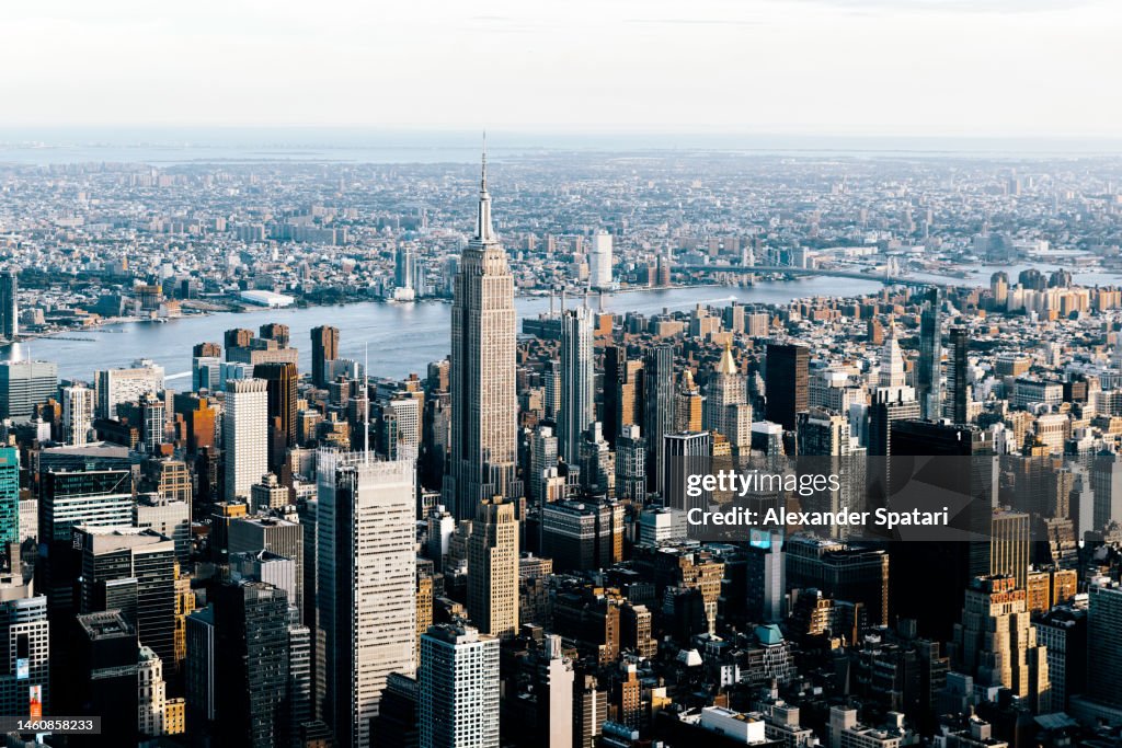 Aerial view of New York City cityscape with Empire State Building, USA