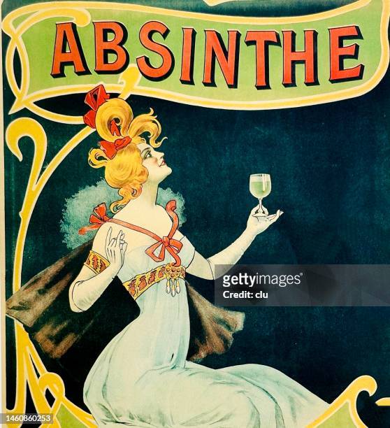 young beautiful woman drinking absinthe, holding a glass in front of her, side view - absinthe stock illustrations