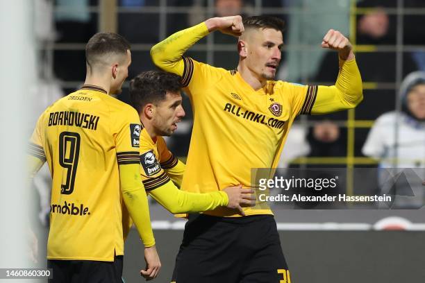Stefan Kutschke of Dresden celebrates scoring the first team goalduring the 3. Liga match between TSV 1860 München and Dynamo Dresden at Stadion an...