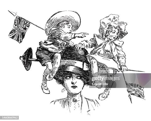 mutter karies ihre beiden kinder auf dem hut mit wehenden flaggen von england - english-flag stock-grafiken, -clipart, -cartoons und -symbole