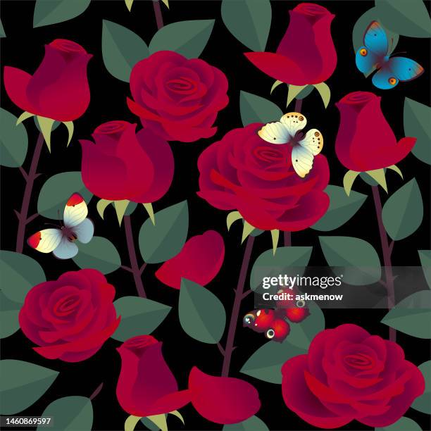 pattern with roses and butterflies - maroon roses stock illustrations