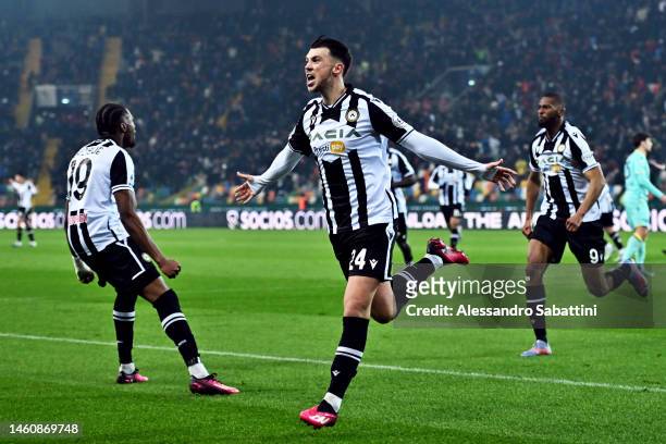 Lazar Samardzic of Udinese celebrates after he scores his sides first goal during the Serie A match between Udinese Calcio and Hellas Verona at Dacia...