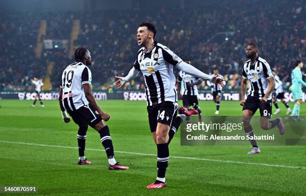 Lazar Samardzic of Udinese celebrates after he scores his sides first goal during the Serie A match between Udinese Calcio and Hellas Verona at Dacia...