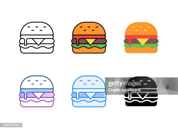 illustrazioni stock, clip art, cartoni animati e icone di tendenza di icona dell'hamburger. 6 stili diversi. tratto modificabile. - alimentazione non salutare