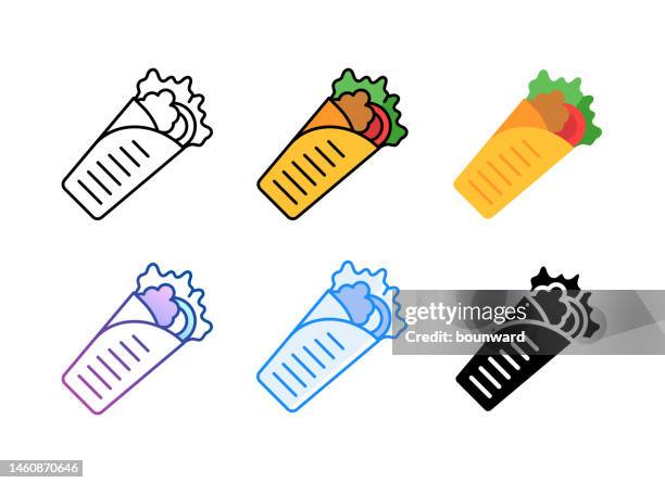 ilustraciones, imágenes clip art, dibujos animados e iconos de stock de ícono del burrito mexicano. 6 estilos diferentes. trazo editable. - tortilla mexicana pan ácimo