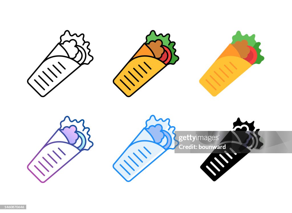 Mexican burrito icon. 6 Different styles. Editable stroke.