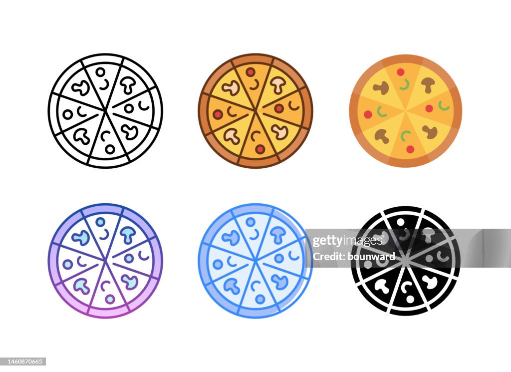 Pizza icon. 6 Different styles. Editable stroke.
